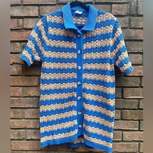 Blue and Tan Striped Button-Up Dress